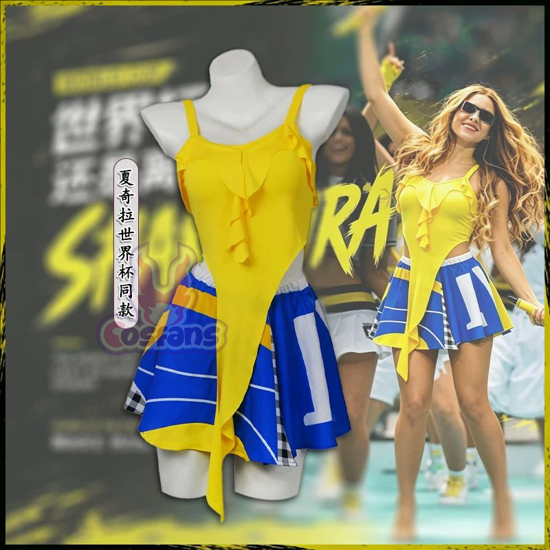 Cheerleading Pom Pom - Sexy cheerleaderkostuum, kort geel topje, blauwe